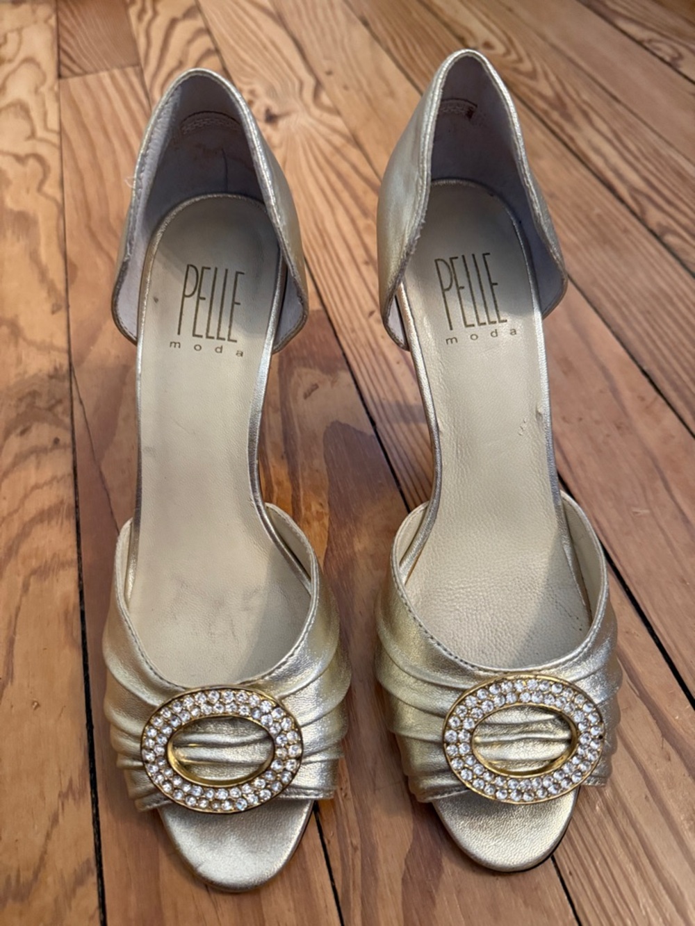 Pelle Moda Metallic Gold Crystal-Accent Peep-Toe Heels